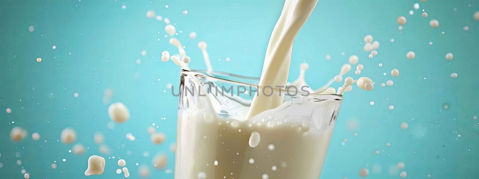 Pouring milk in the glass on the background of nature. food, Generative AI,