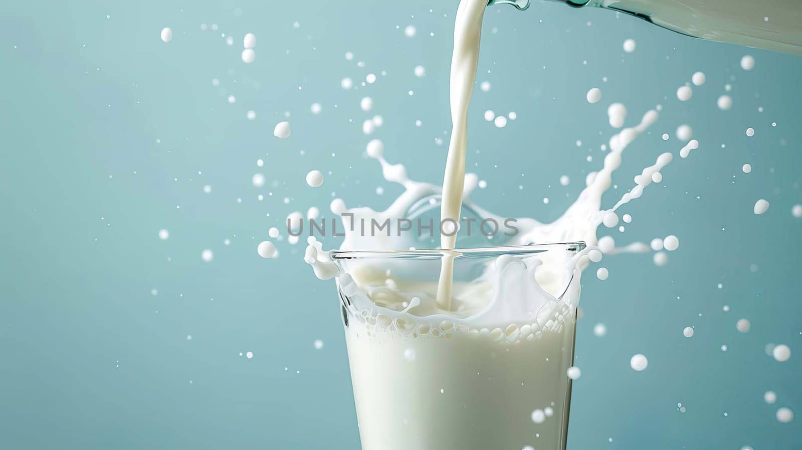 Pouring milk in the glass on the background of nature. food, Generative AI,