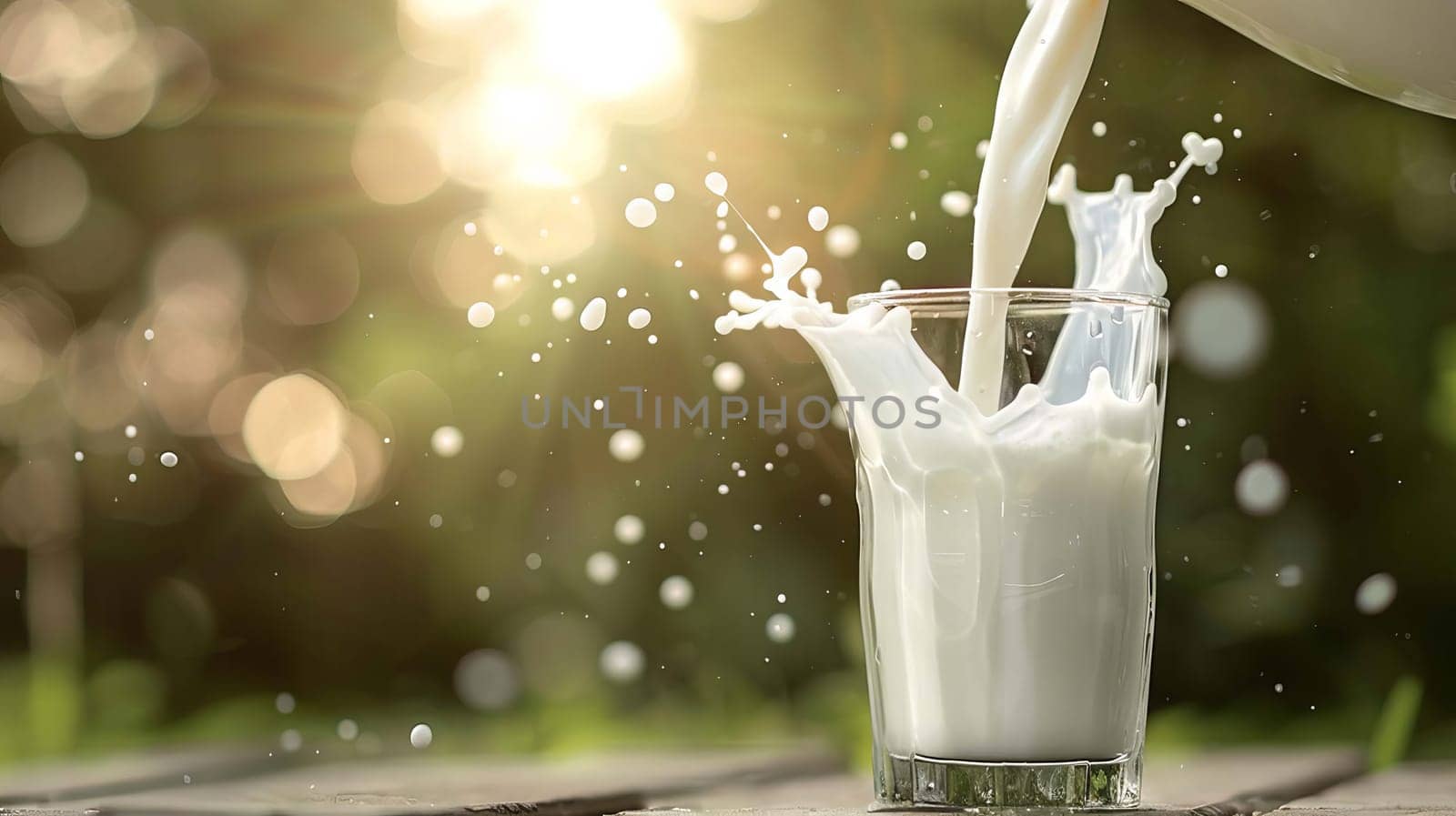 Pouring milk in the glass on the background of nature. food, Generative AI,