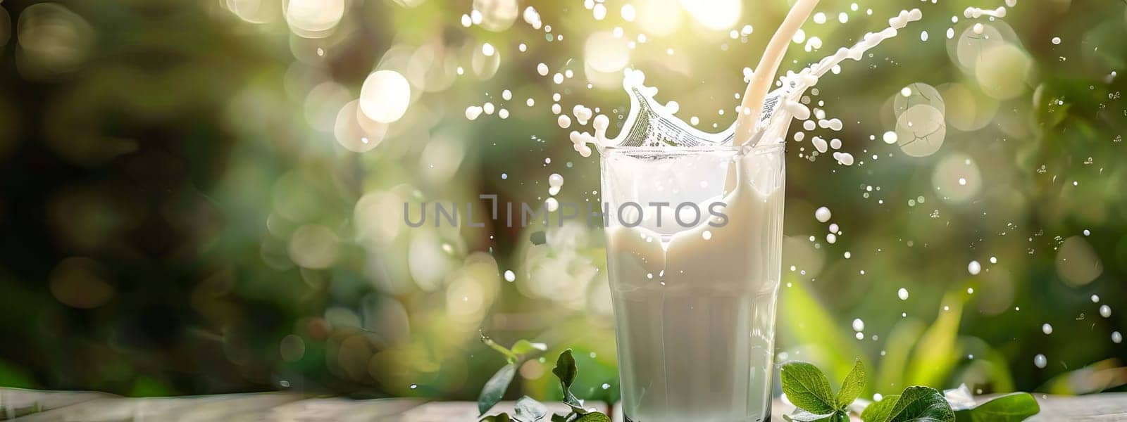 Pouring milk in the glass on the background of nature. food, Generative AI,