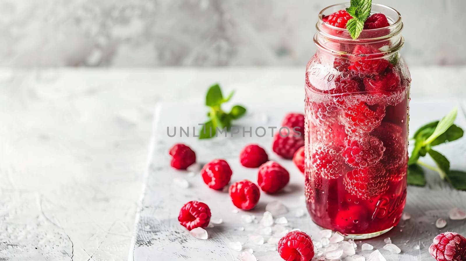 Glass of raspberry smoothie on white table, Drink Generative AI,