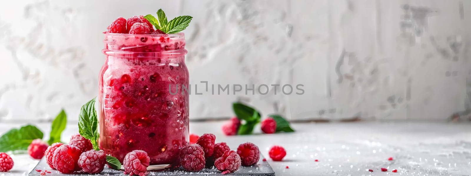 Glass of raspberry smoothie on white table, Drink Generative AI,
