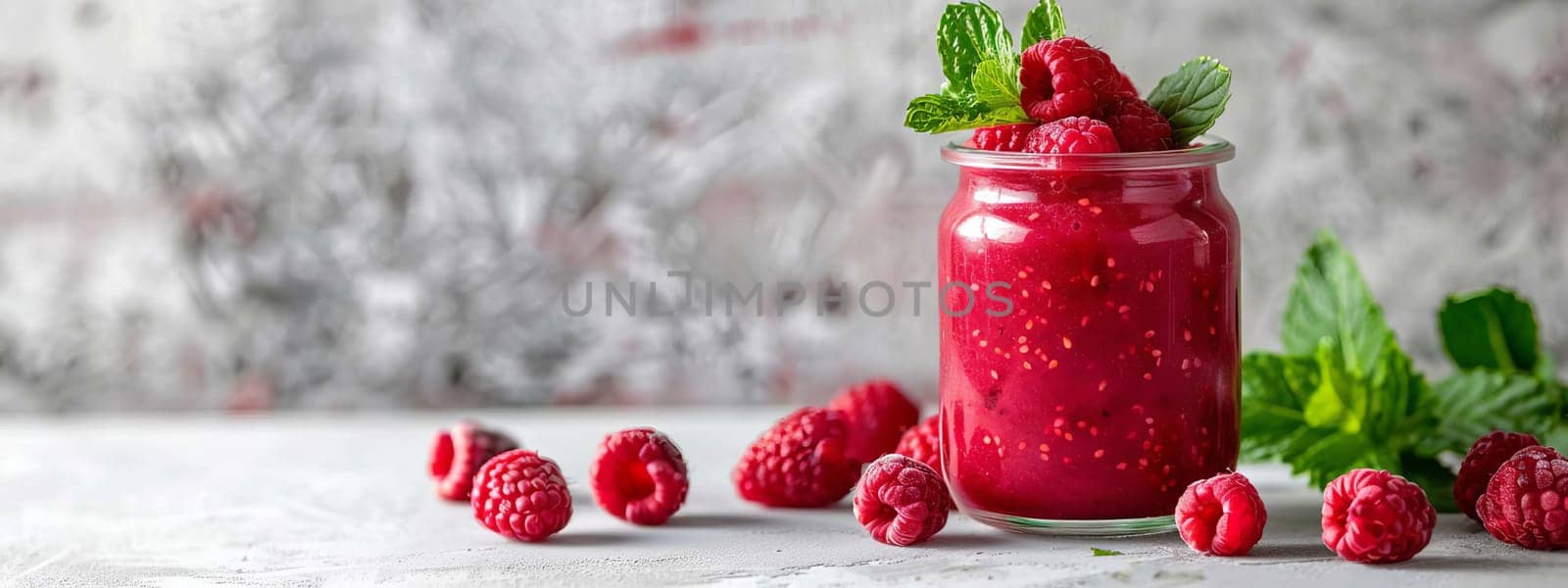 Glass of raspberry smoothie on white table, Drink Generative AI,