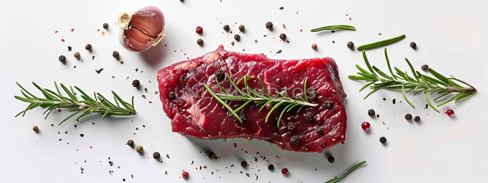 fresh meat steak with rosemary and black pepper on a white table, food Generative AI,