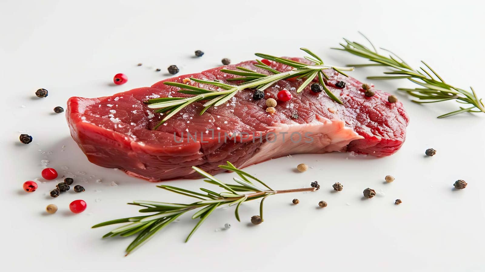 fresh meat steak with rosemary and black pepper on a white table, food Generative AI,