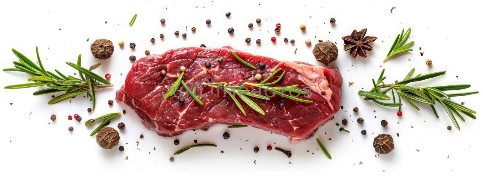 fresh meat steak with rosemary and black pepper on a white table, food Generative AI,