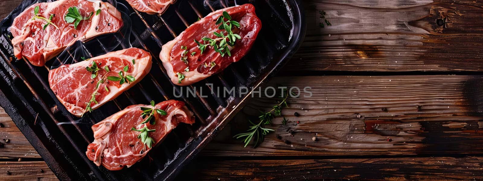 fresh meat steak with rosemary and black pepper on a white table, food, Generative AI,