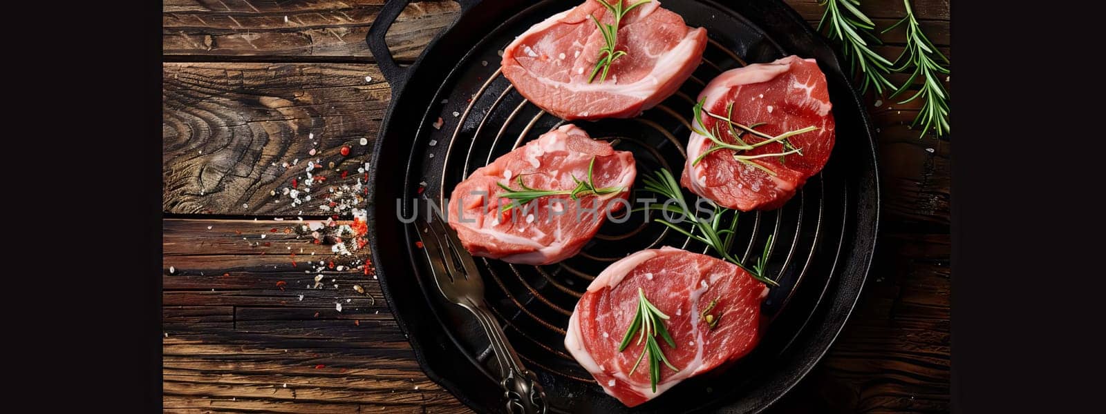 fresh meat steak with rosemary and black pepper on a white table, Generative AI, by mila1784