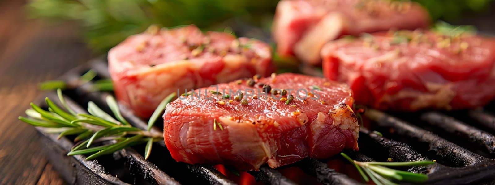 fresh meat steak with rosemary and black pepper on a white table, food, Generative AI,