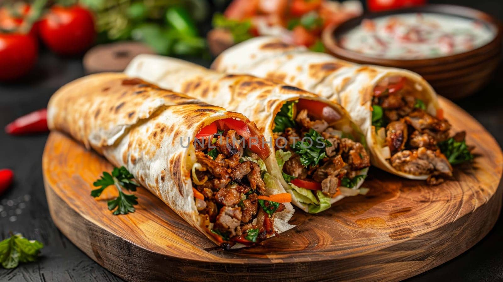 shawarma in pita bread with fresh vegetables and creamy sauce on wooden background, food Generative AI,