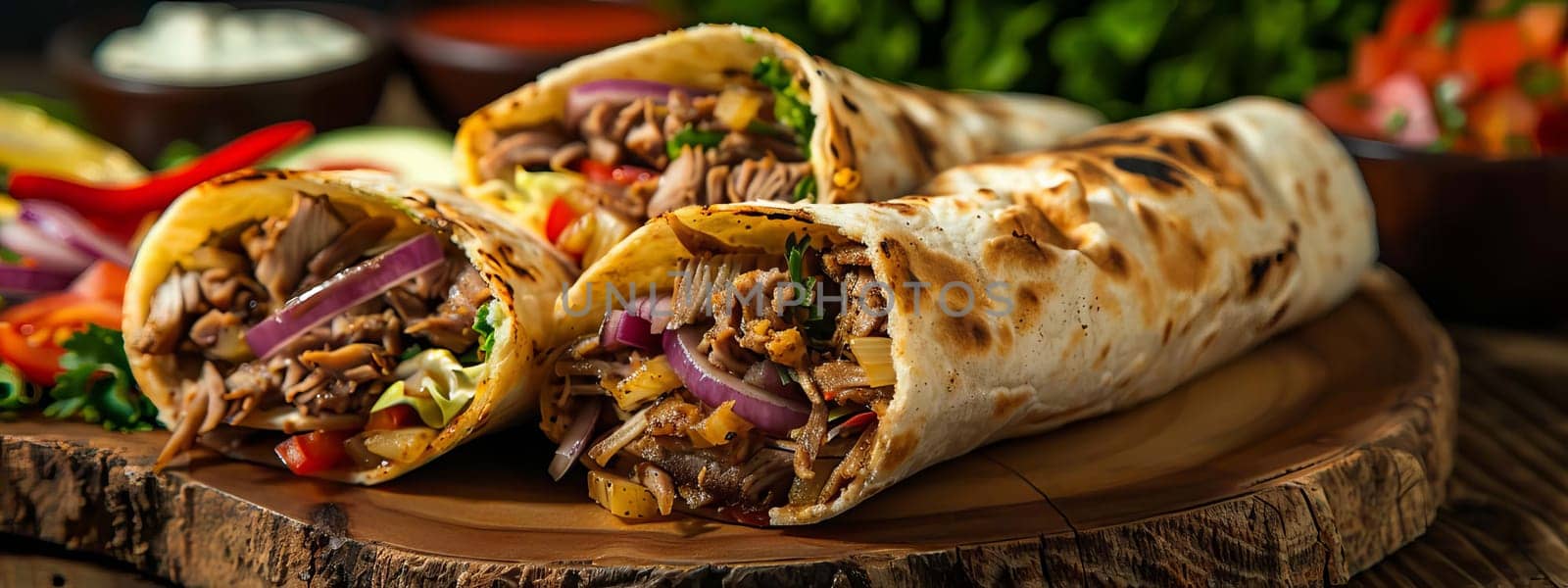 shawarma in pita bread with fresh vegetables and creamy sauce on wooden background, food Generative AI,