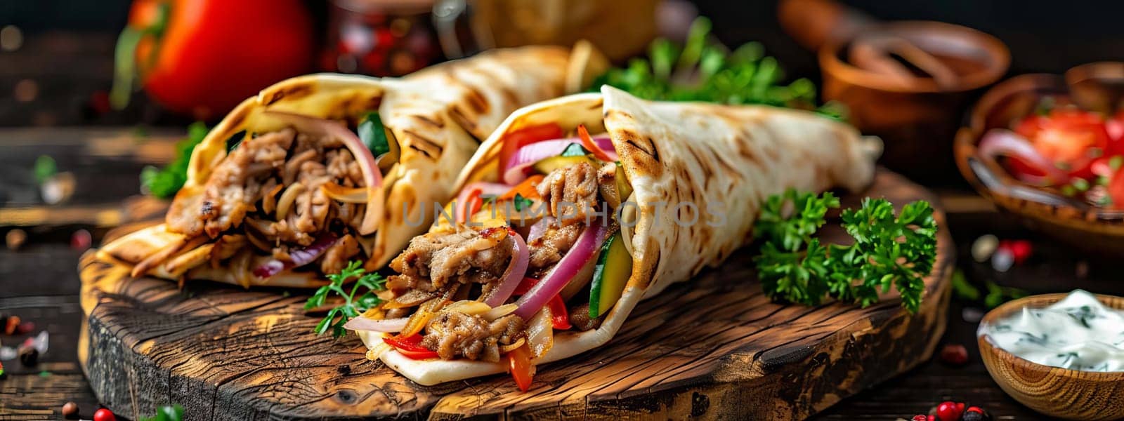 shawarma in pita bread with fresh vegetables and creamy sauce on wooden background, food Generative AI,