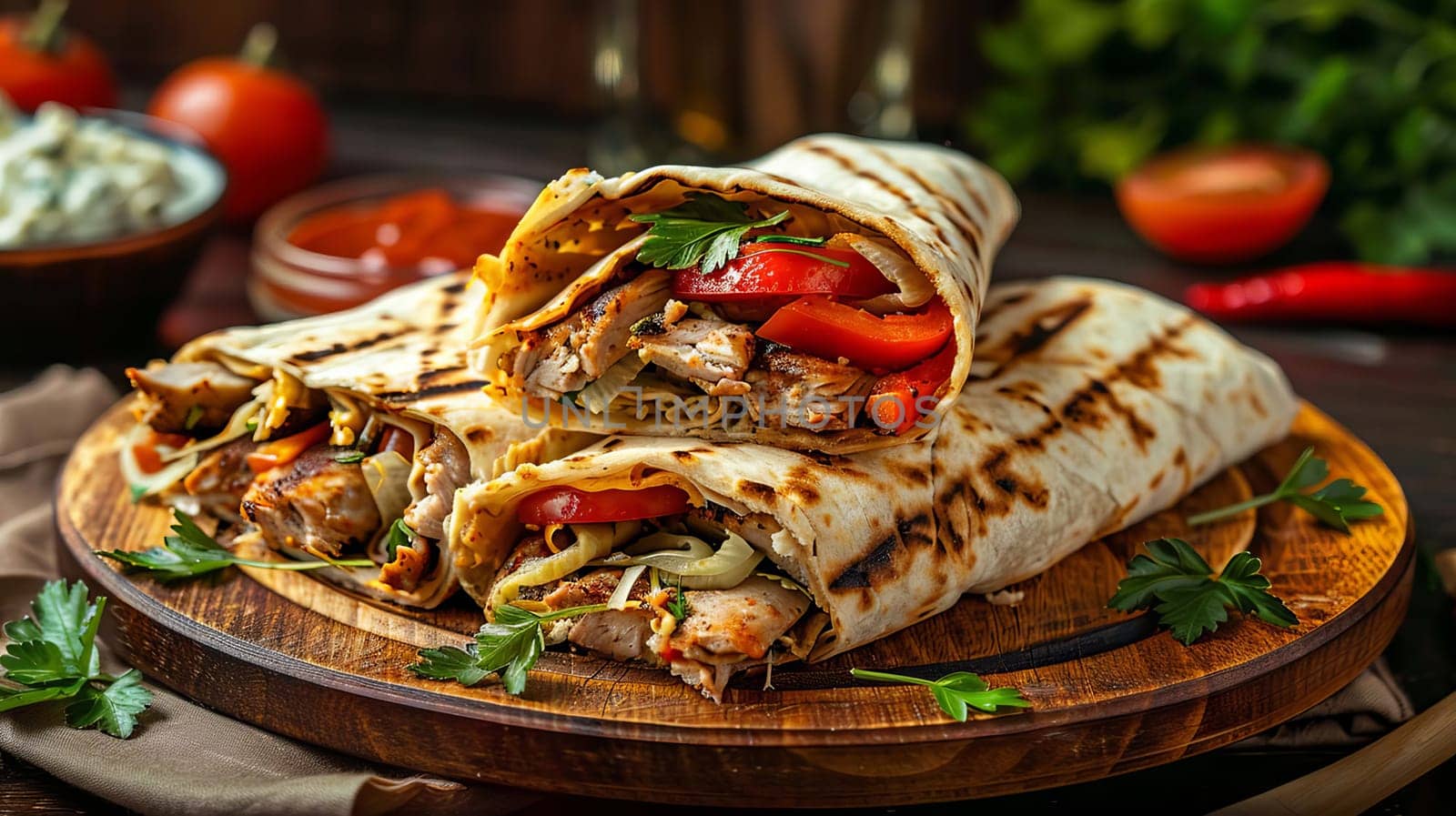 shawarma in pita bread with fresh vegetables and creamy sauce on wooden background, food Generative AI,