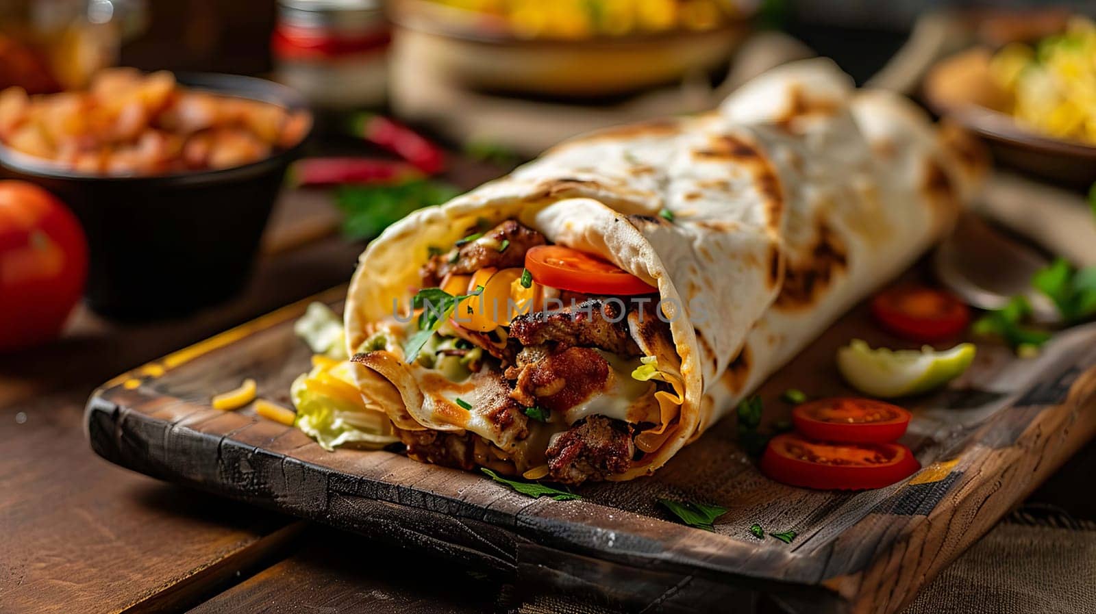 shawarma in pita bread with fresh vegetables and creamy sauce on wooden background, food Generative AI,