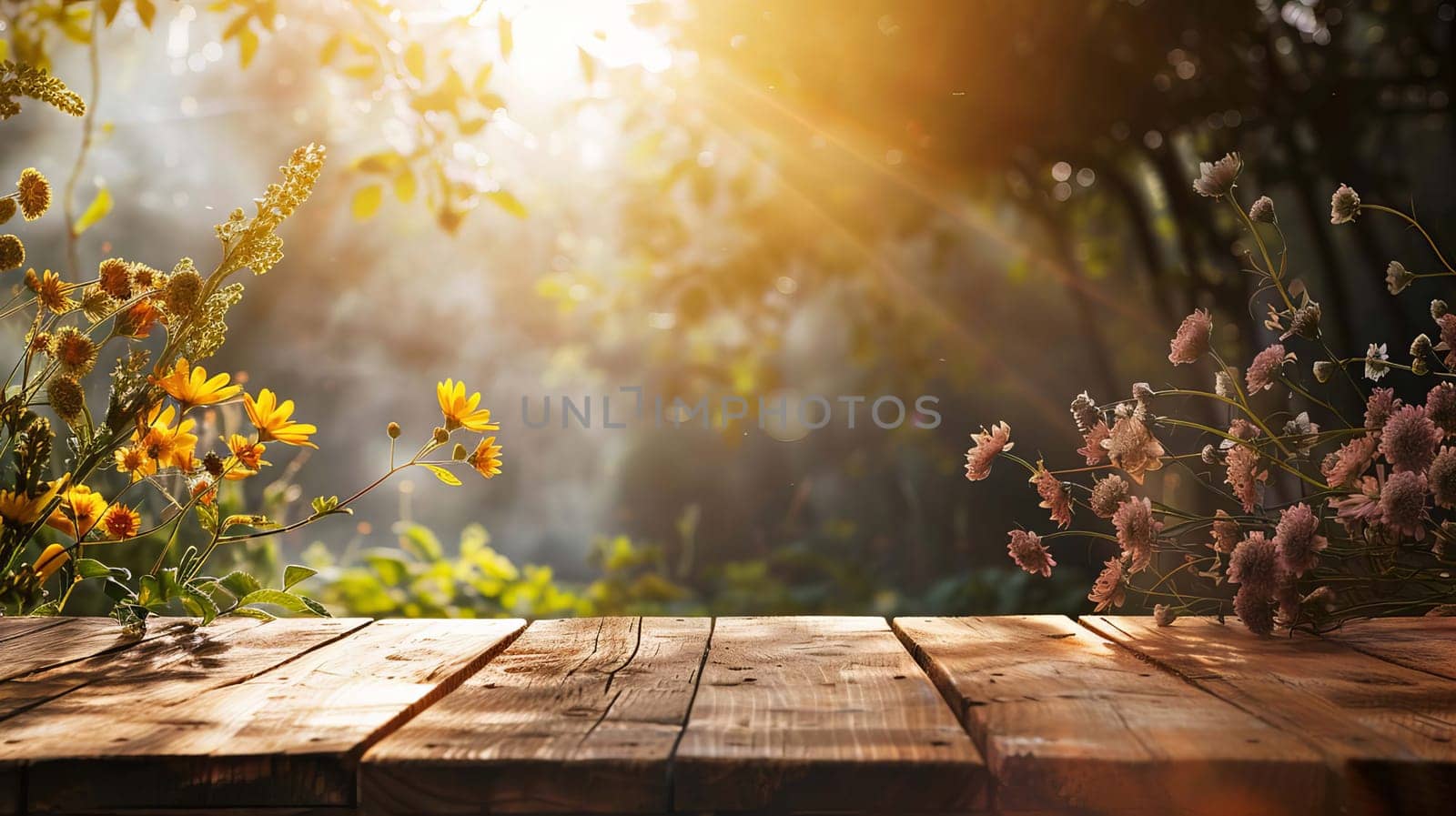 flowers on wooden background. Nature. Generative AI,