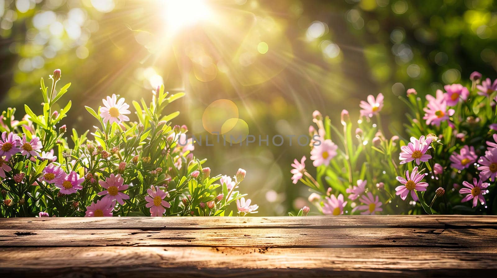 flowers on wooden background. Nature. Generative AI,