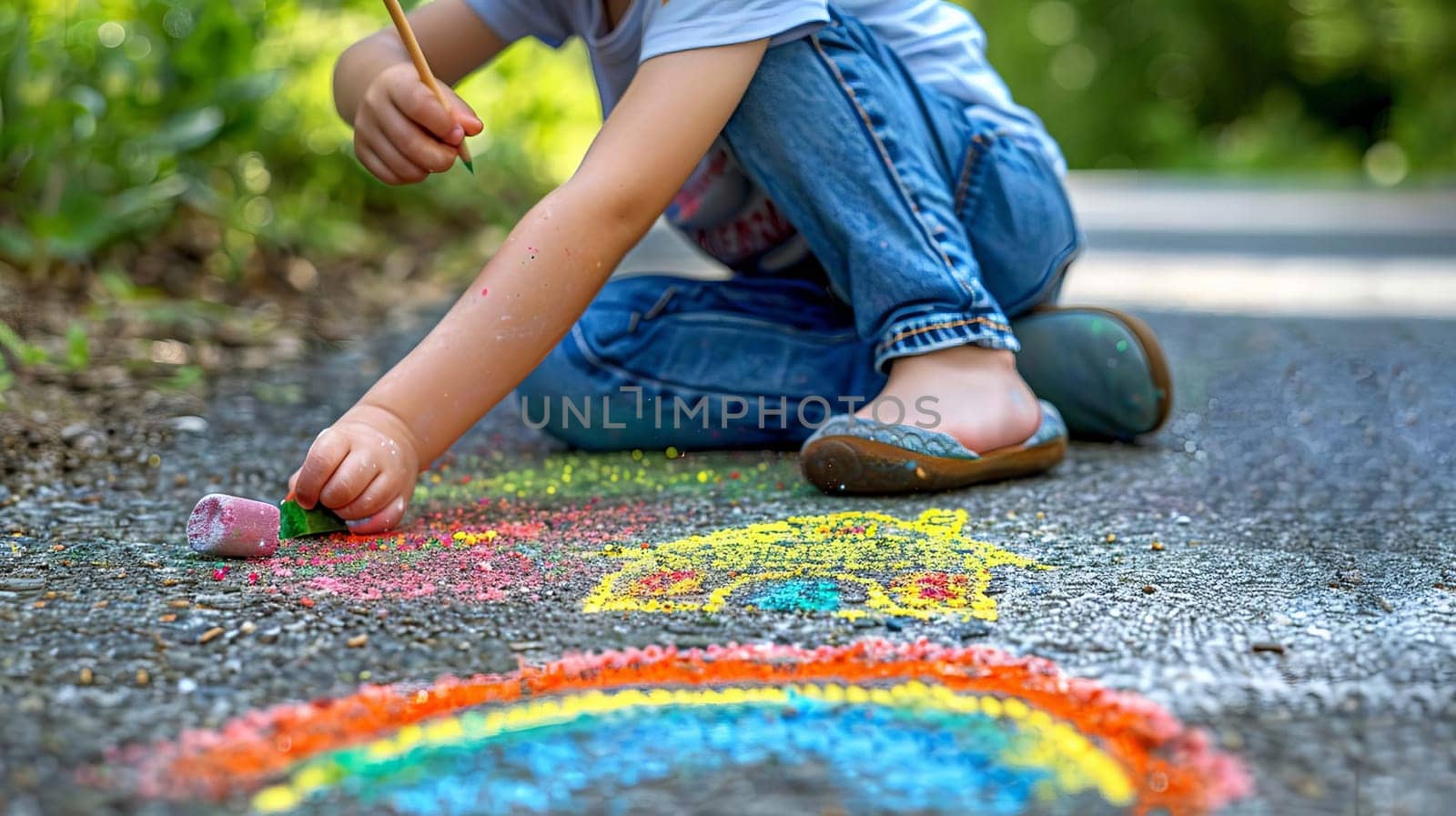 The child draws a house and a rainbow on the asphalt with chalk. Generative AI,