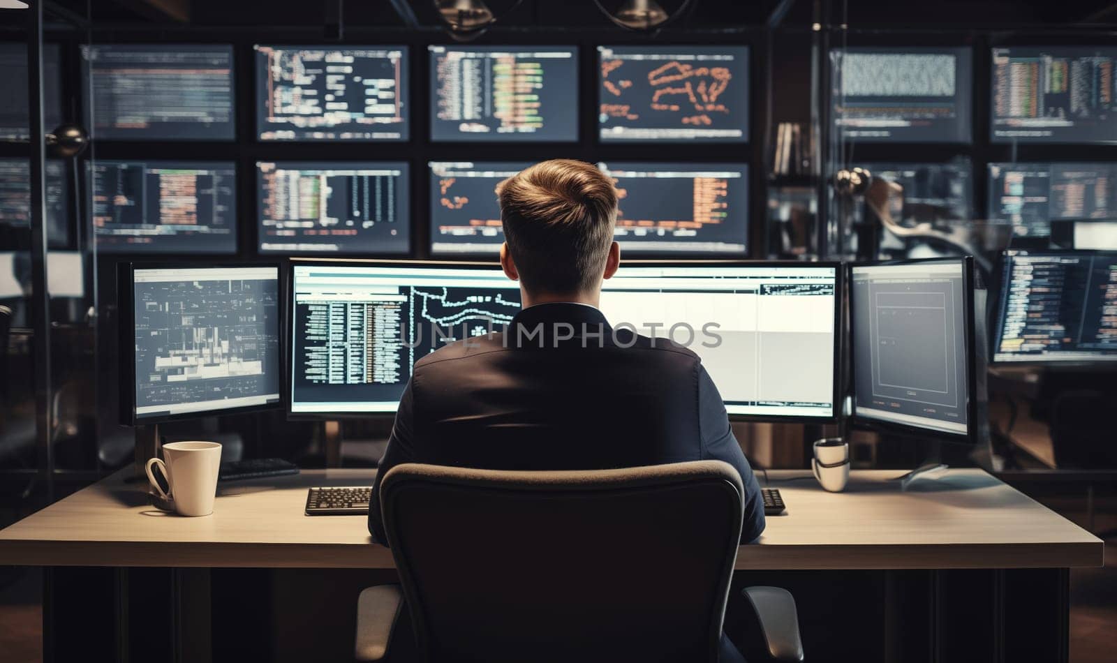 Rear view of technical operator employee man working with multiple computer monitors, digital displays in the system control room. Multitasking, technology concept.