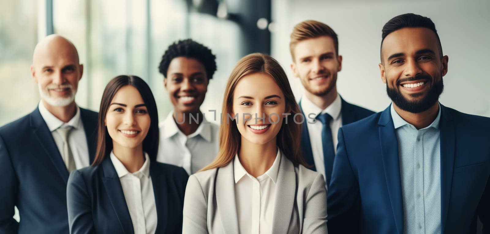 Portrait of happy group business people standing together in the office, business colleagues in business suit looking at camera