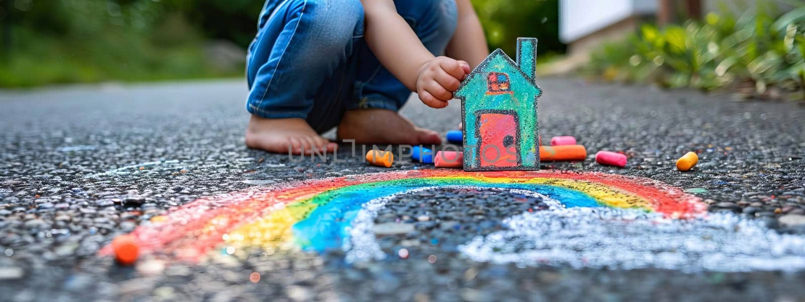 The child draws a house and a rainbow on the asphalt with chalk. Generative AI,