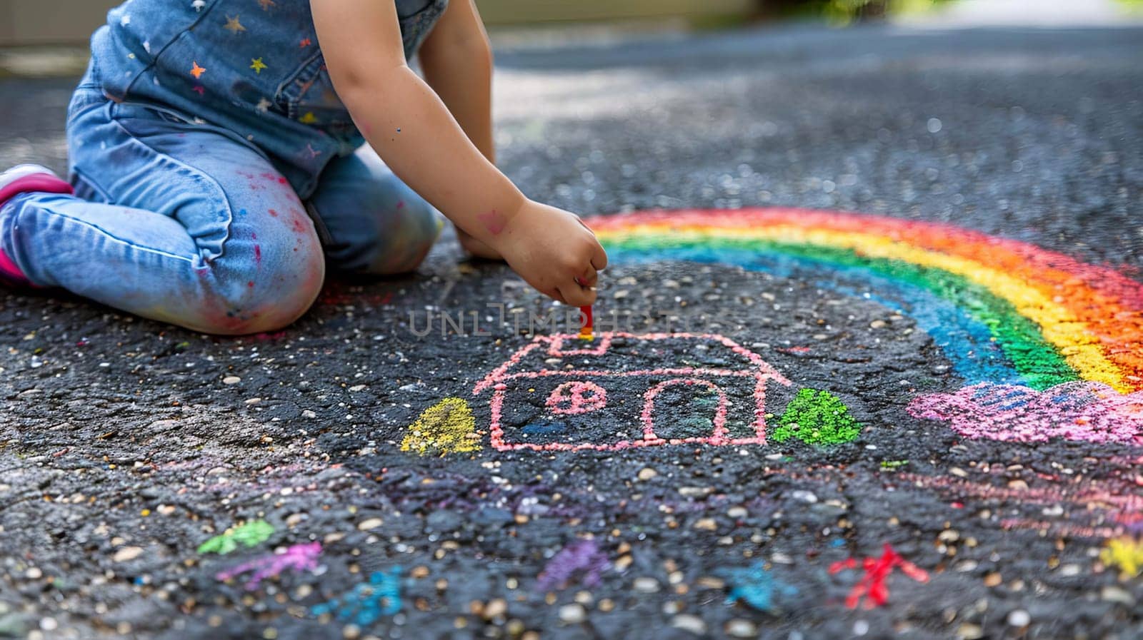 The child draws a house and a rainbow on the asphalt with chalk. Generative AI,