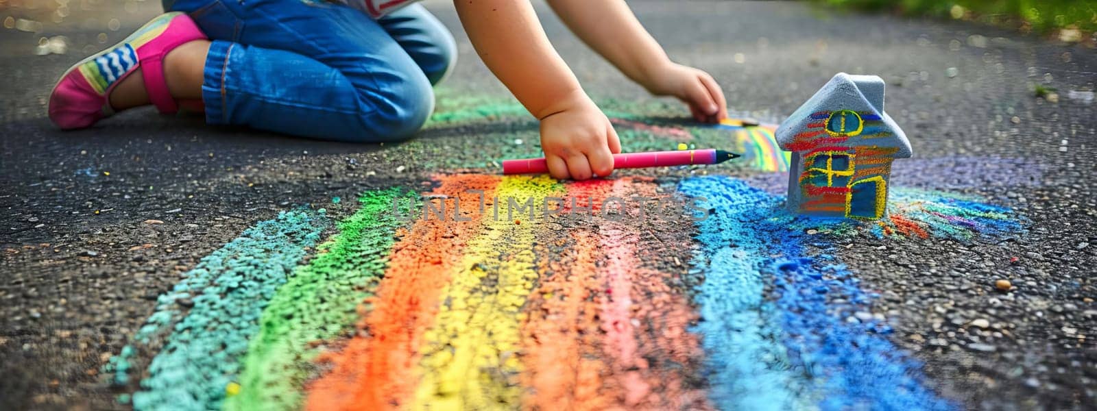 The child draws a house and a rainbow on the asphalt with chalk. Generative AI,