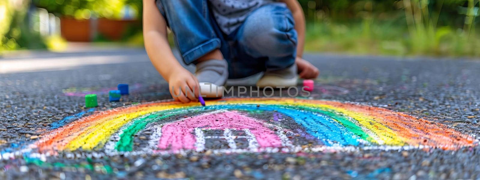The child draws a house and a rainbow on the asphalt with chalk. Selective focus. Generative AI, by mila1784