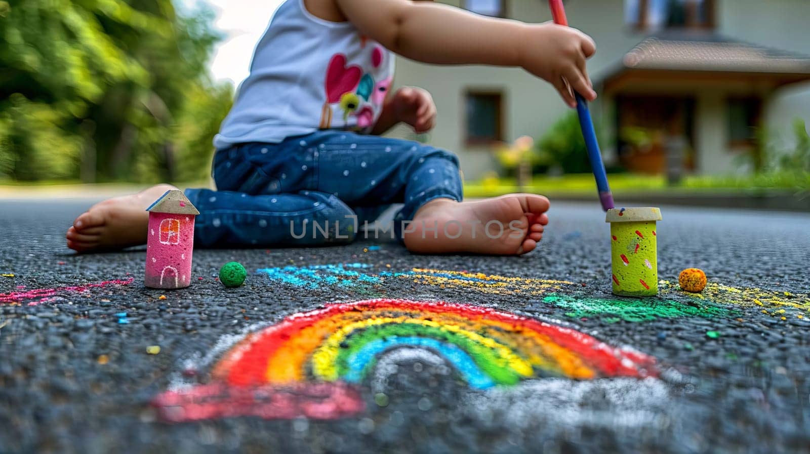 The child draws a house and a rainbow on the asphalt with chalk. Generative AI,