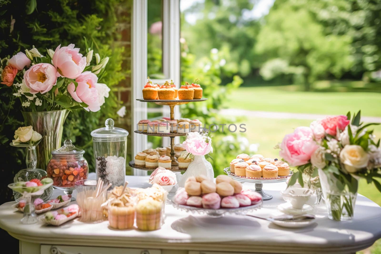 Dessert buffet with peony flowers, catering for wedding, party and holiday celebration, cakes and desserts in a countryside garden, generative ai by Anneleven