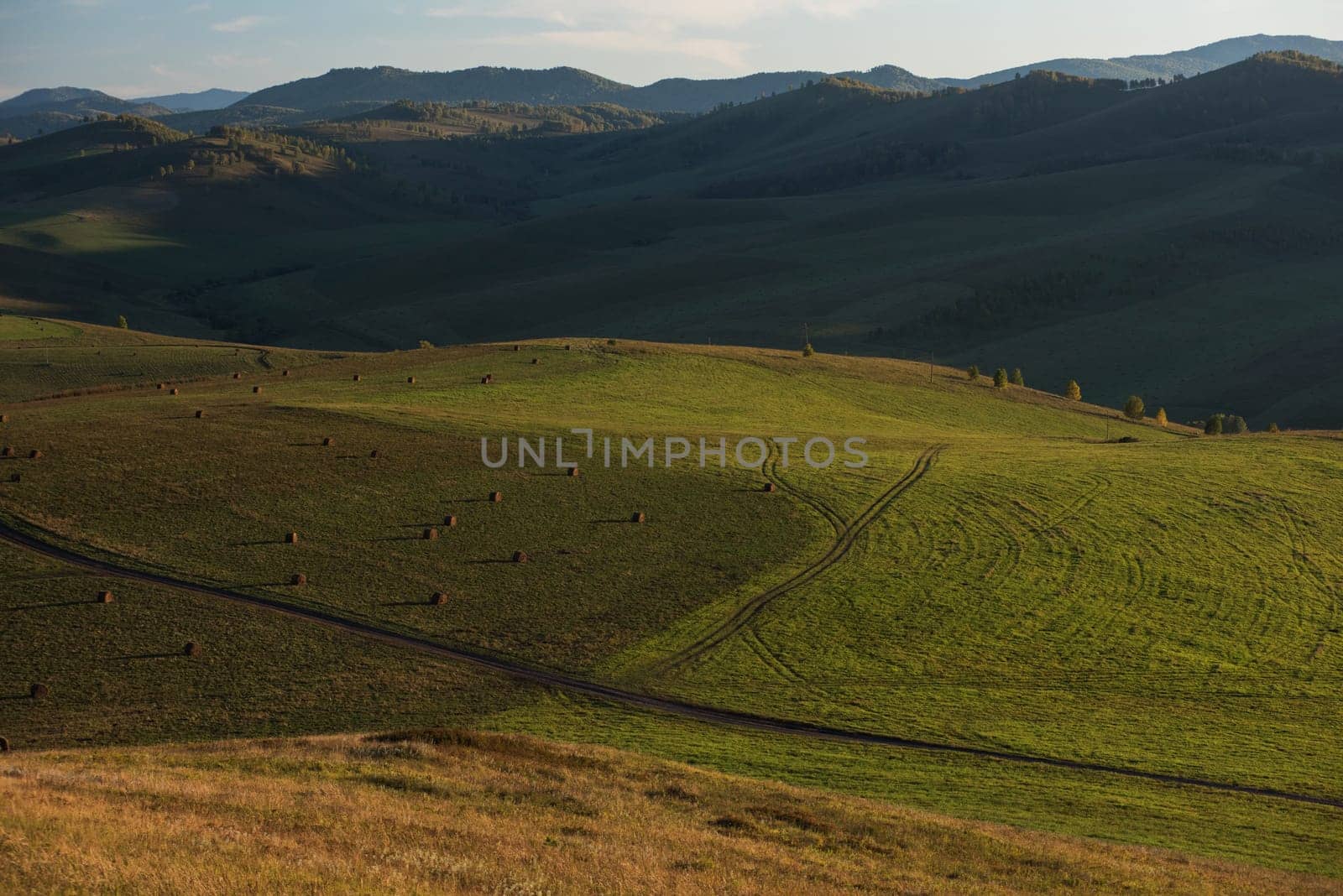 Autumn Siberian countryside landscape, with sunset sky