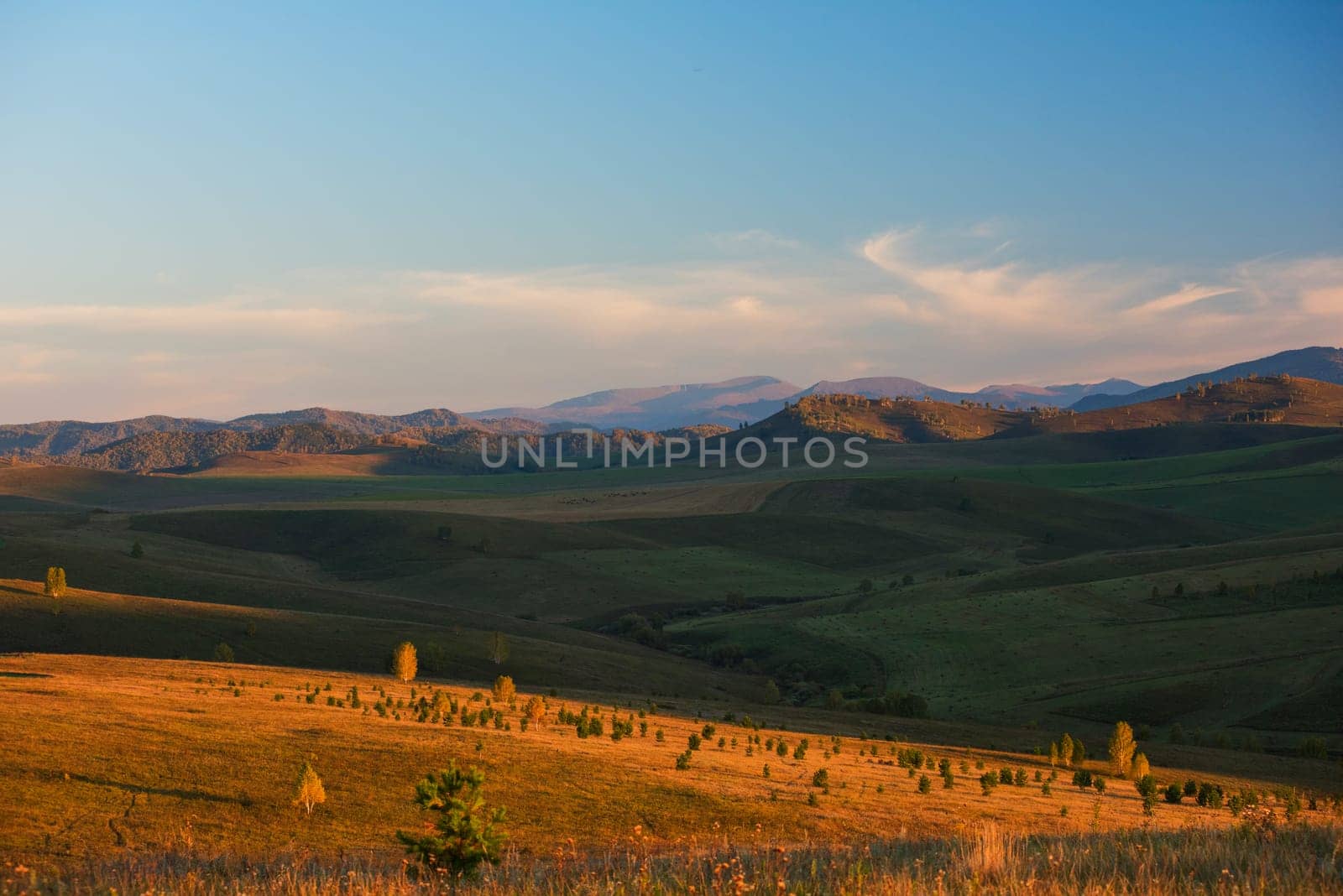 Autumn Siberian countryside landscape, with sunset sky