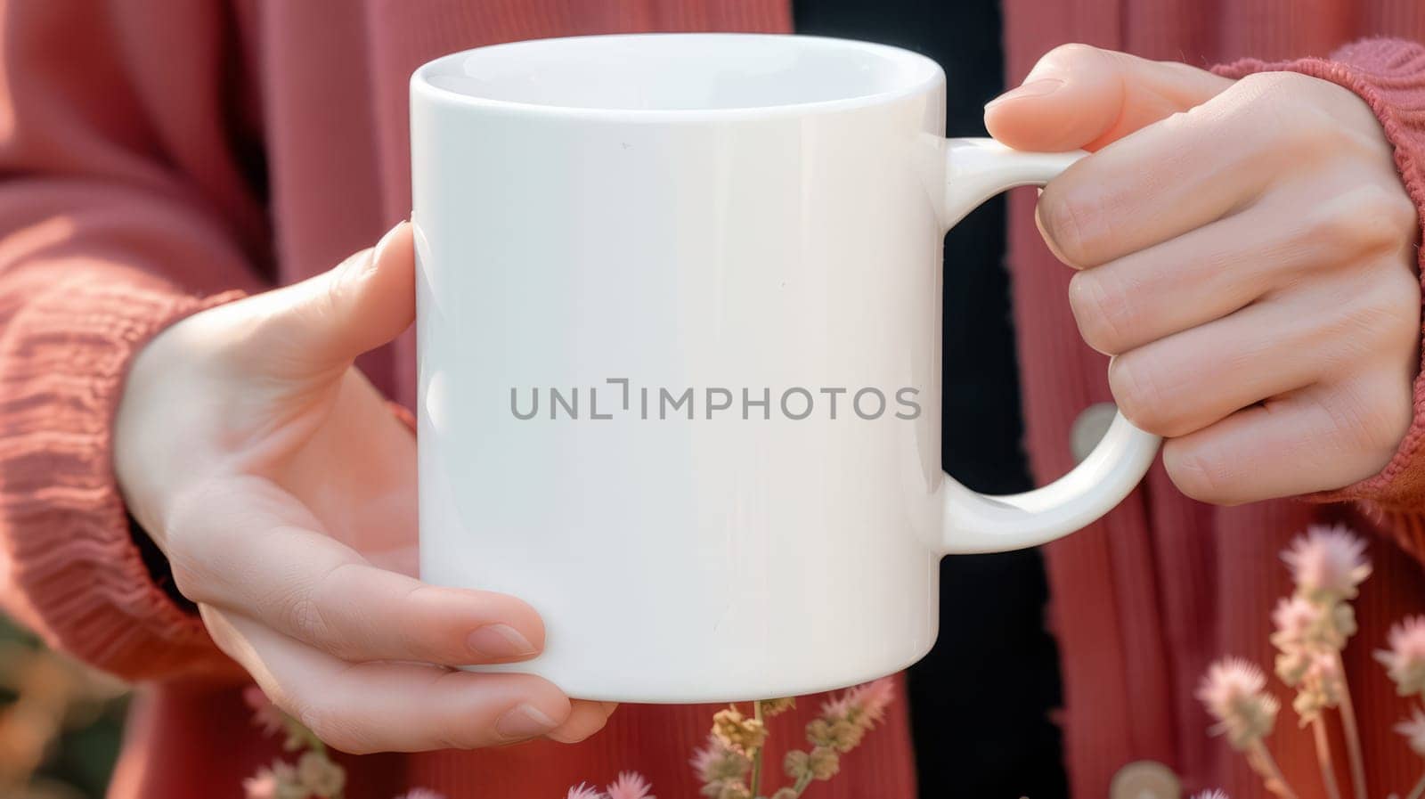 Hand holding white coffee mug with customizable space for mockup.