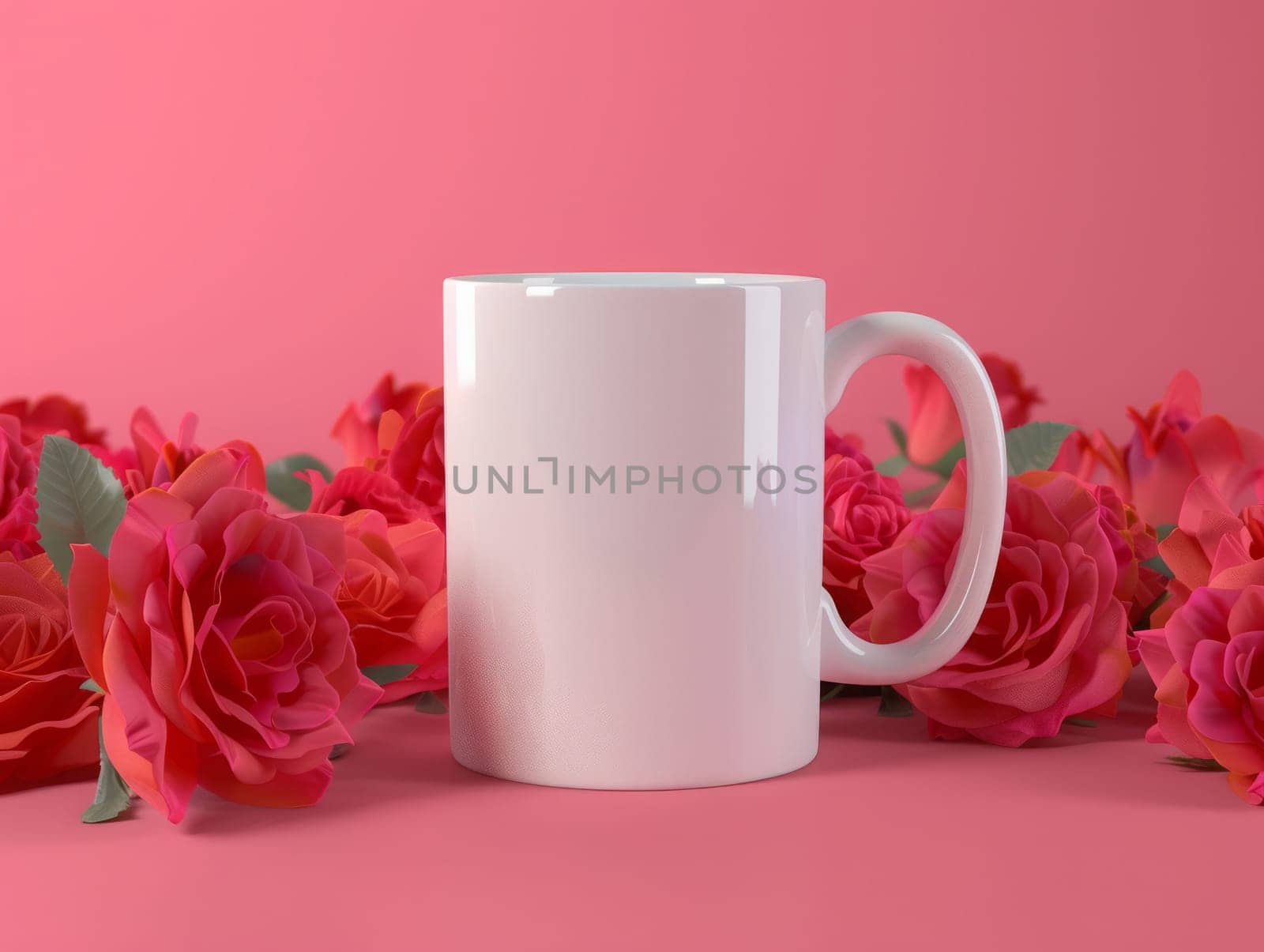 White coffee mug surrounded by roses on red background with customizable space for mockup