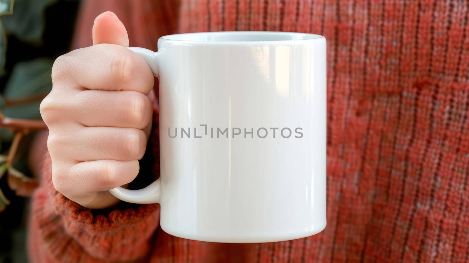 Hand holding white coffee mug with customizable space for mockup. Mockup concept.