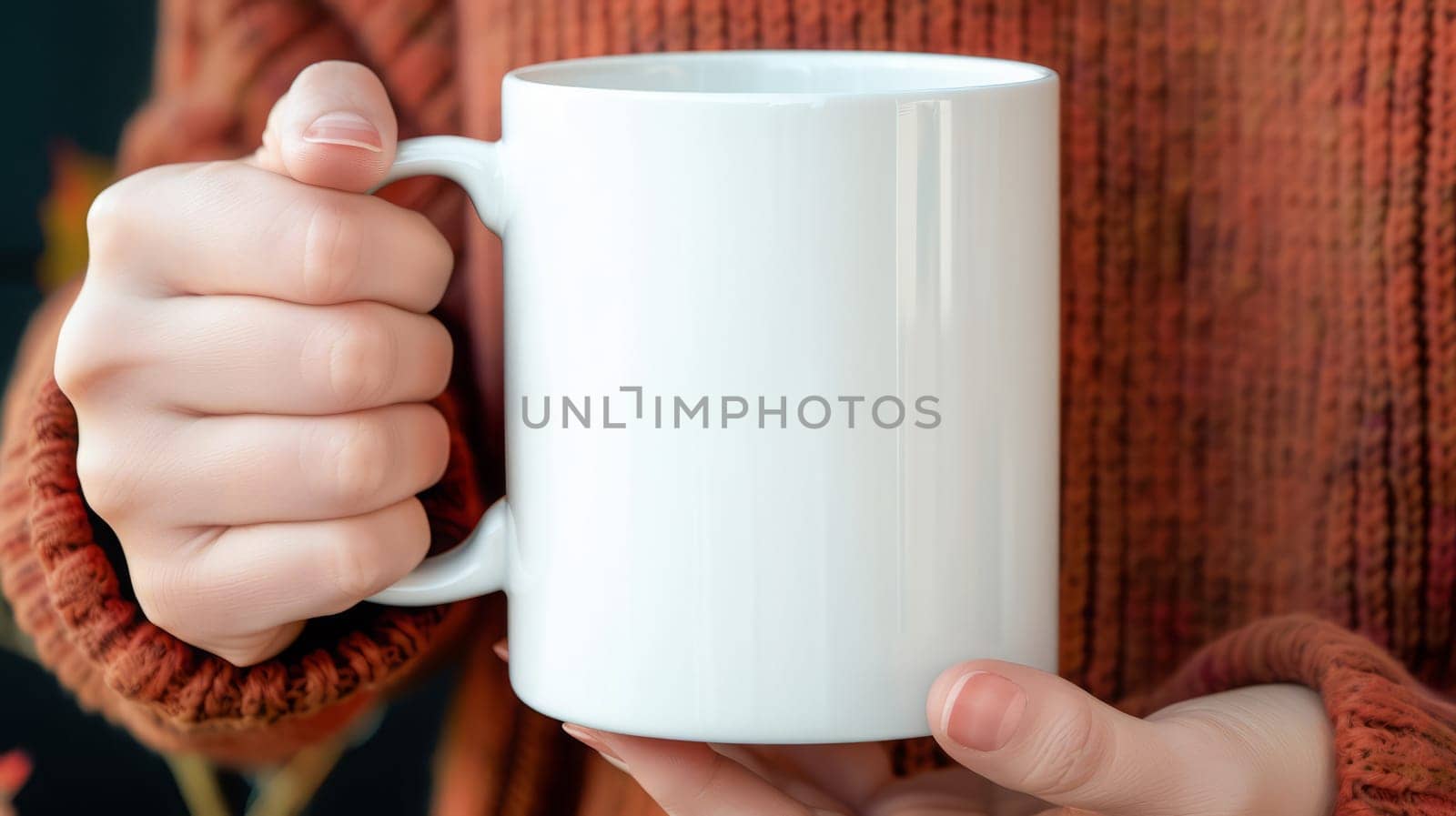 Hand holding white coffee mug with customizable space for mockup. Mockup and copy space concept.