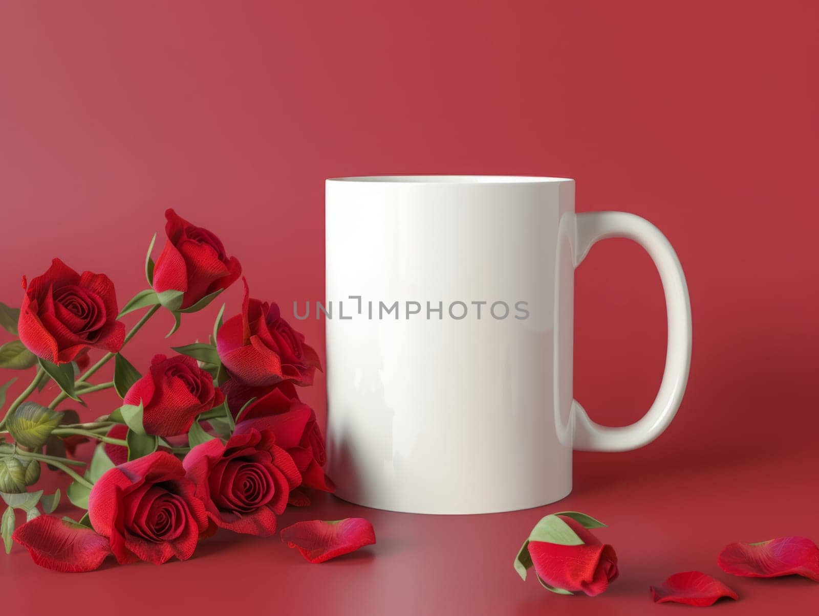 White coffee mug surrounded by roses on red background with customizable space for mockup.