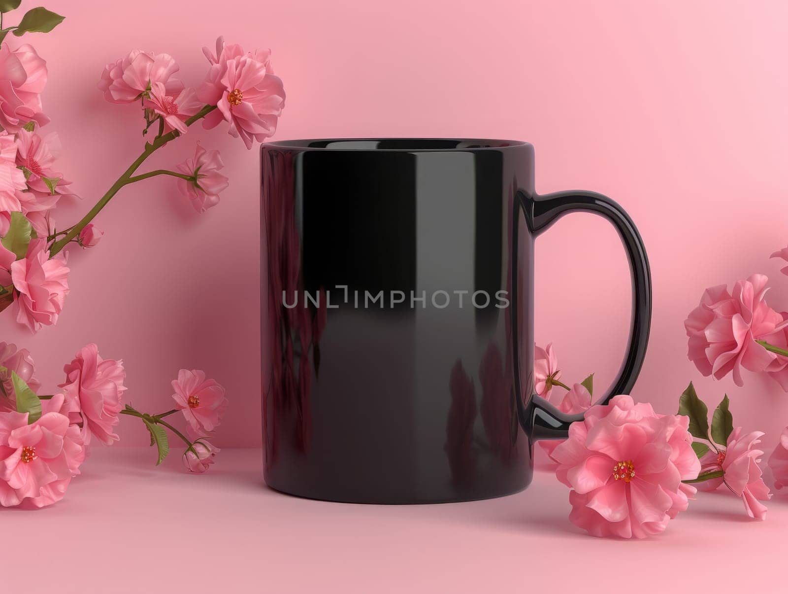 Black coffee mug surrounded by flowers with customizable space for mockup