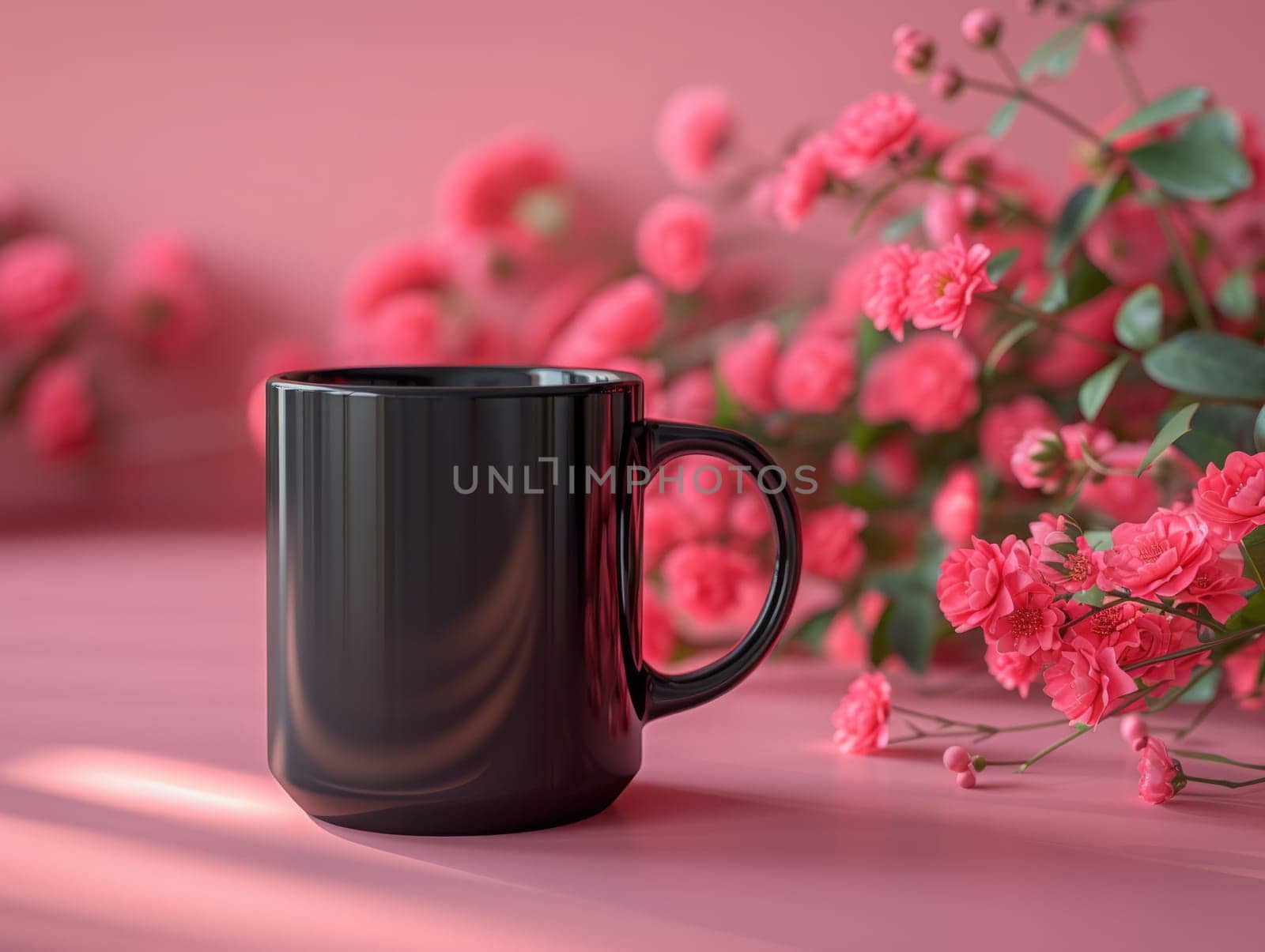 Black coffee mug surrounded by flowers with customizable space for mockup.