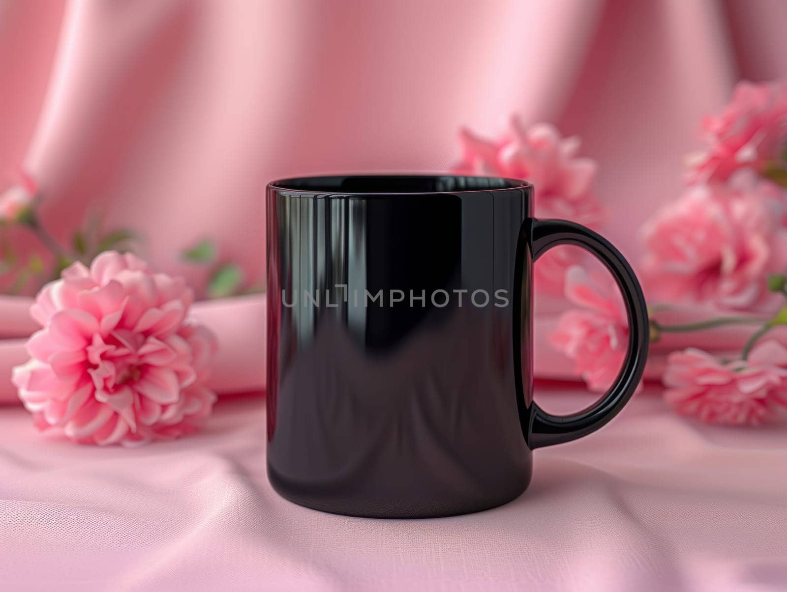 Black coffee mug surrounded by flowers with customizable space for mockup.