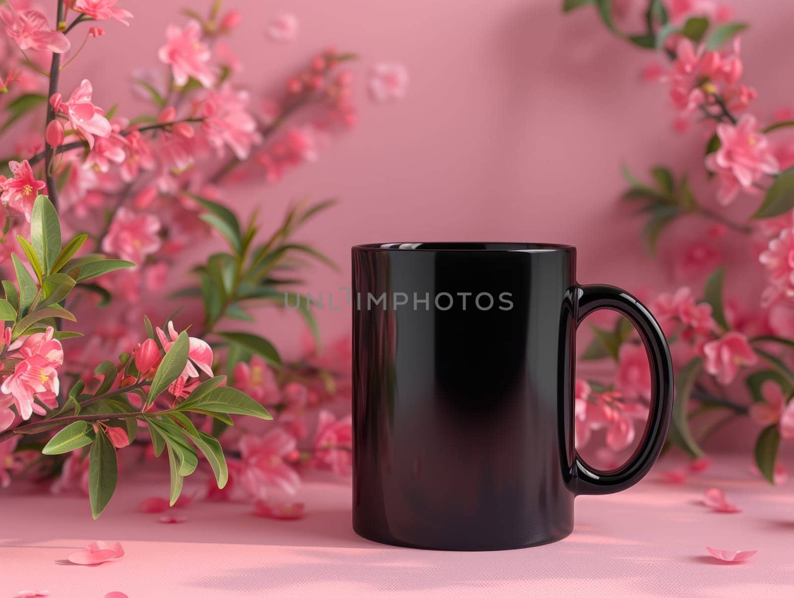 Black coffee mug surrounded by flowers with customizable space for mockup.