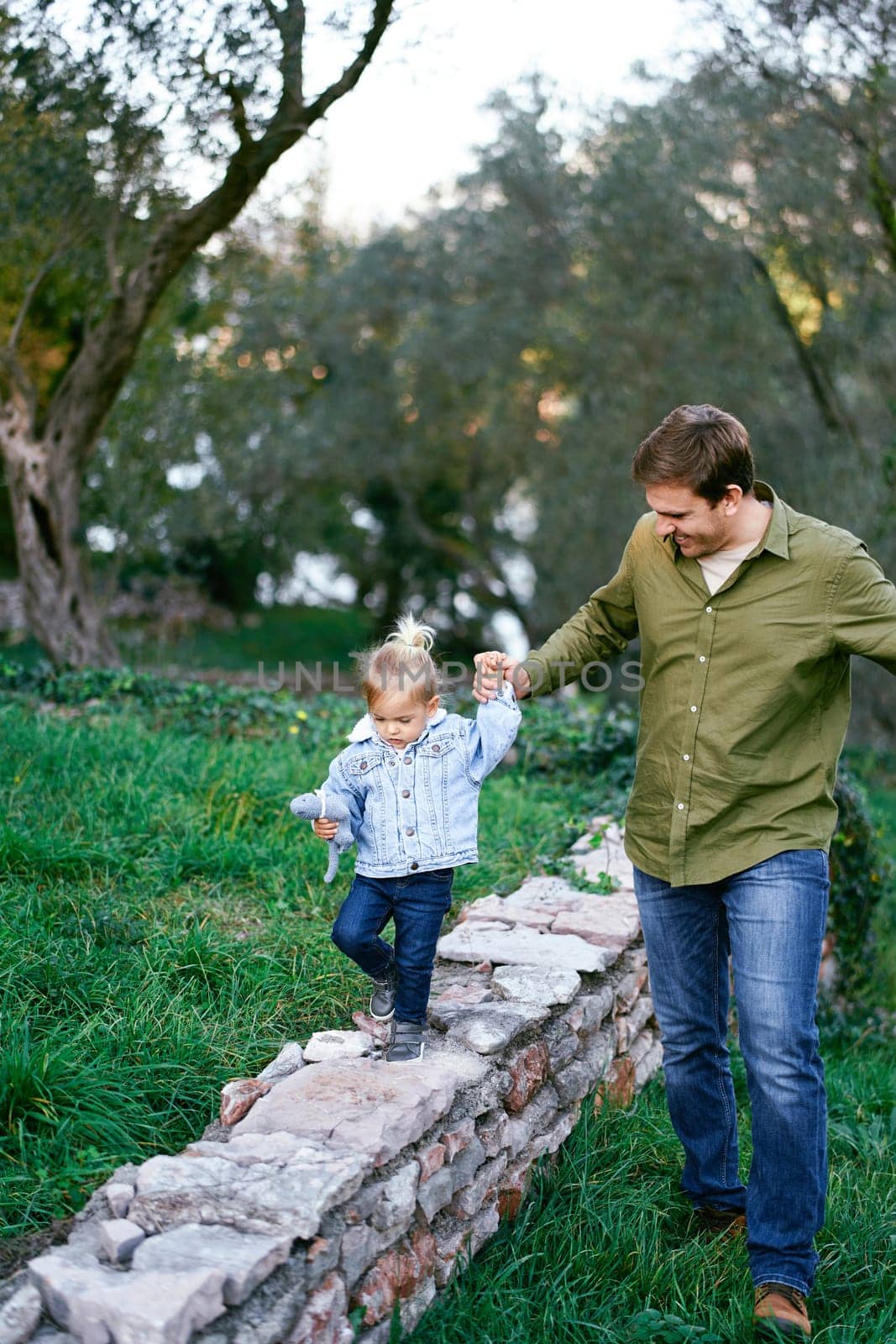 Dad leads a little girl along a stone fence in the park by Nadtochiy