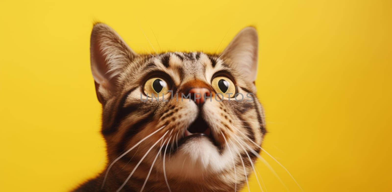 Close-up portrait of surprised cat isolated on yellow background by studiodav