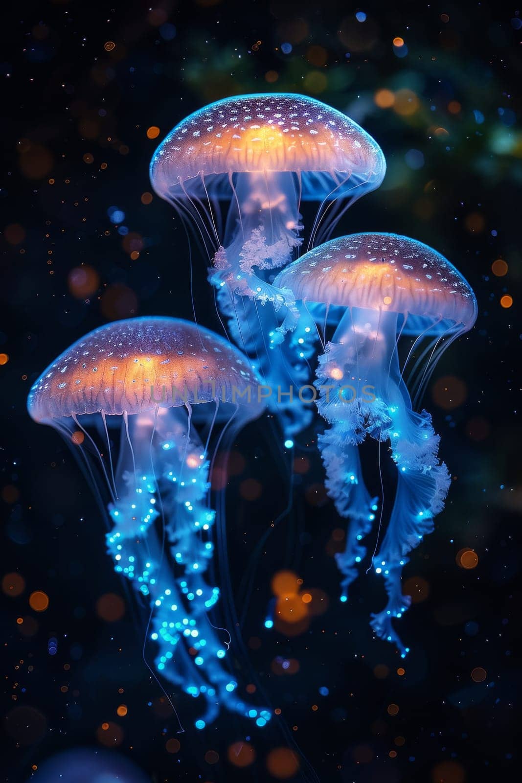 Three jellyfish are floating in the dark blue water by itchaznong