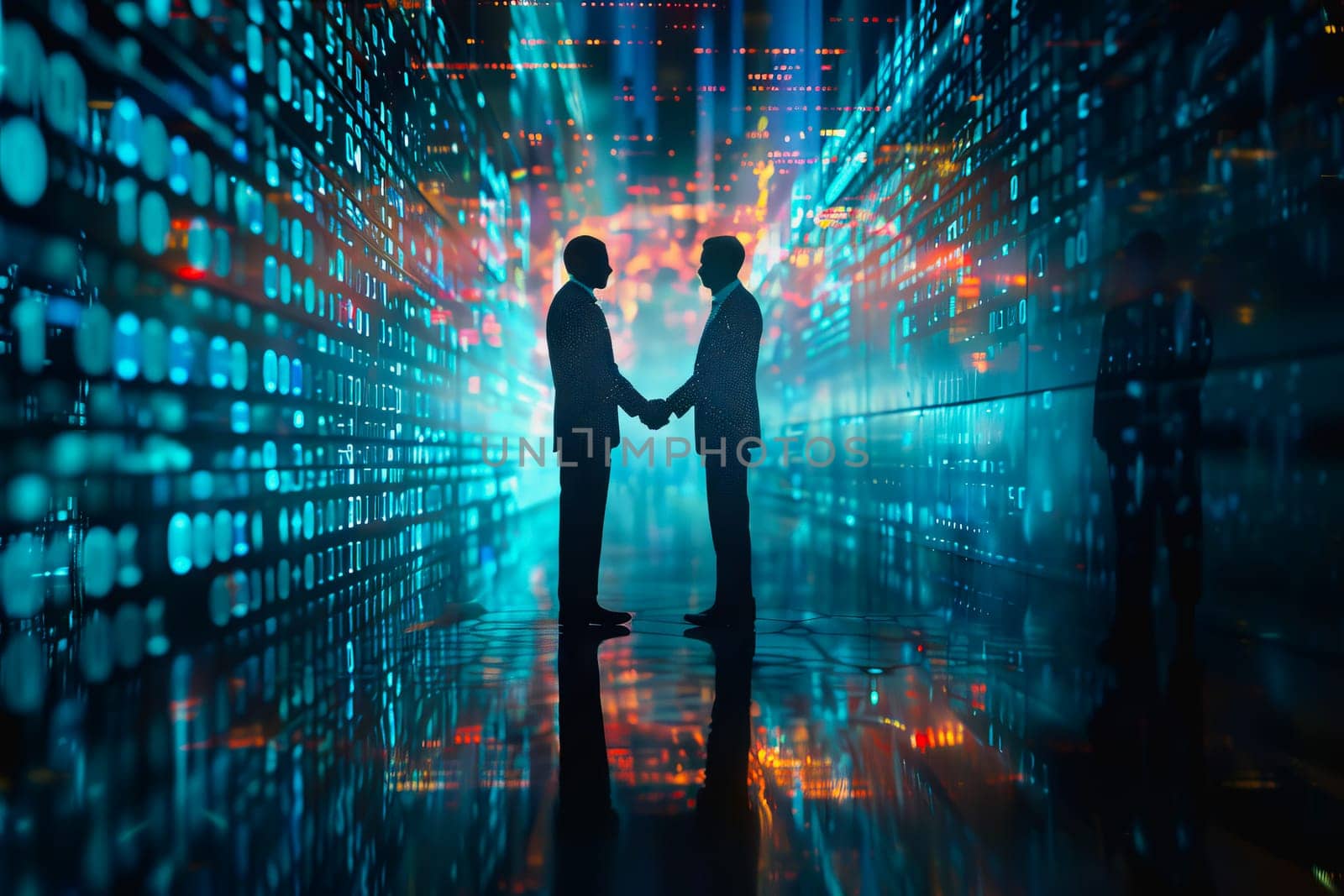 Handshake between business people and futuristic technology background. by Manastrong