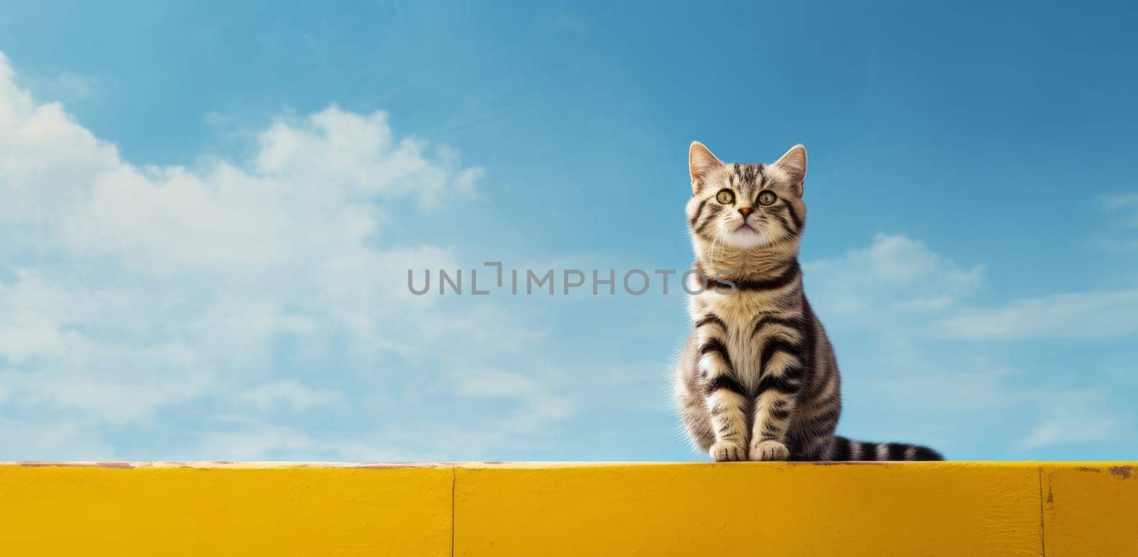 A striped cat sits on the yellow wall, blue sky background by studiodav