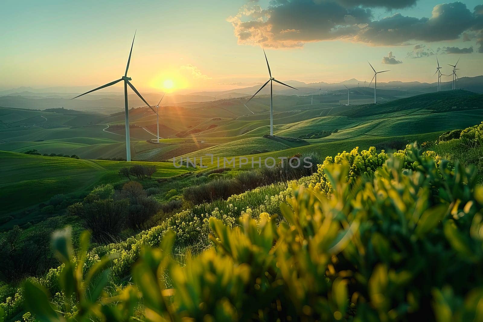 Wind power plant and technology. Smart grid. Renewable energy. Sustainable resources by Manastrong