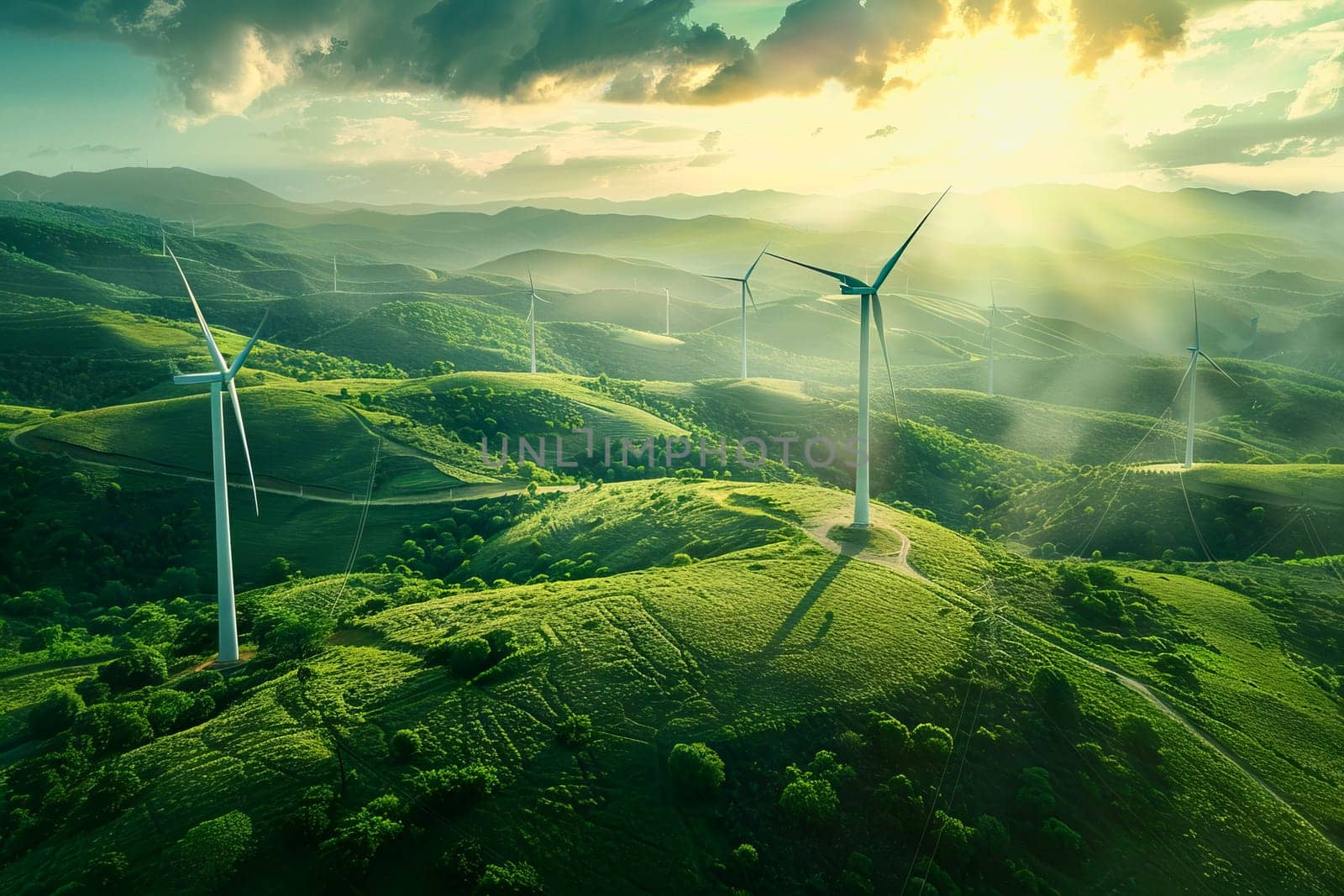 Wind power plant and technology. Smart grid. Renewable energy. Sustainable resources by Manastrong