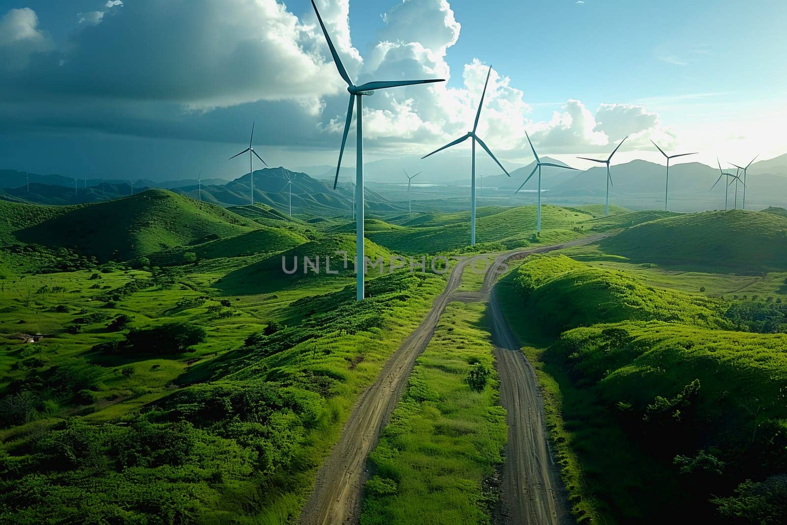 Wind power plant and technology. Smart grid. Renewable energy. Sustainable resources.