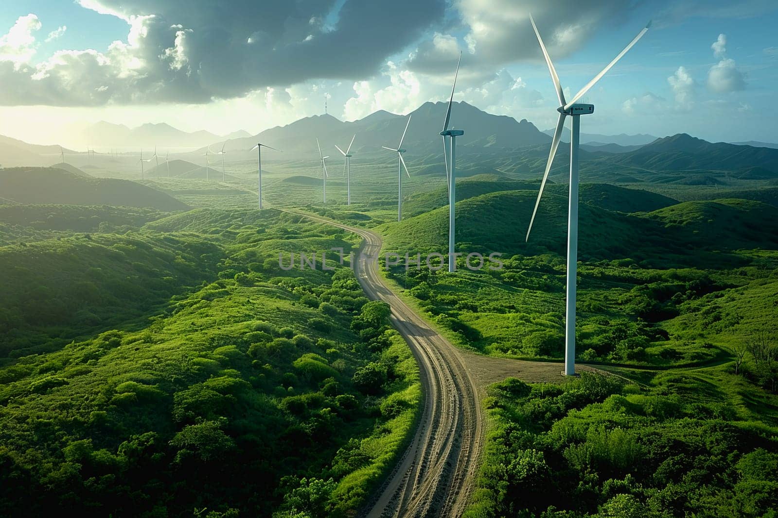 Wind power plant and technology. Smart grid. Renewable energy. Sustainable resources.