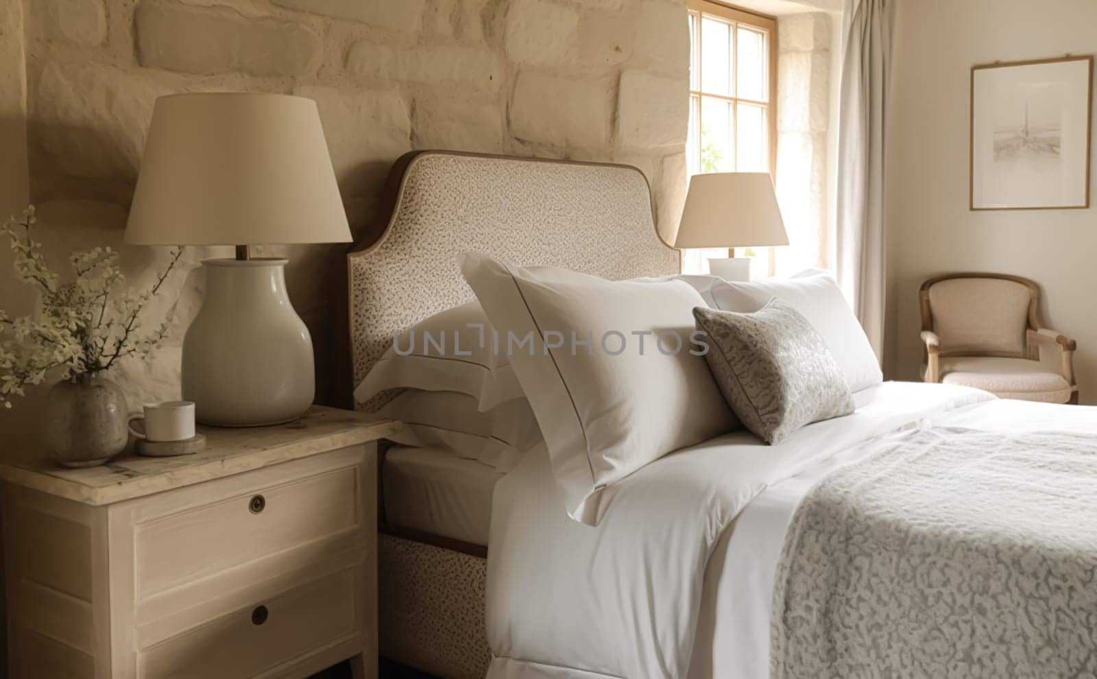 Country bedroom decor, interior design and holiday rental, bed with elegant bedding and antique furniture, English country house and cottage style, post-processed, generative ai